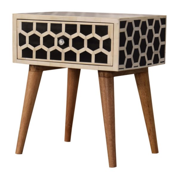 Solid Mango Wood Natural Finish 1 Drawer Honeycomb Bone Inlay Bedside - Image 3