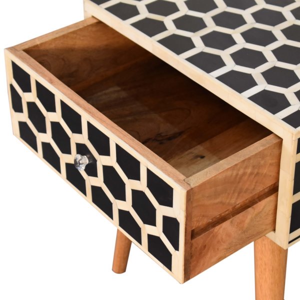 Solid Mango Wood Natural Finish 1 Drawer Honeycomb Bone Inlay Bedside - Image 6