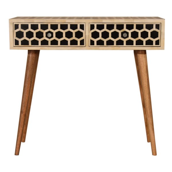 Solid Mango Wood Oak Finished 2 Drawer Honeycomb Pattern Bone Inlay Console Table