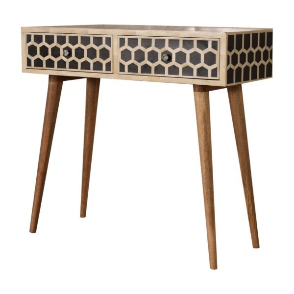 Solid Mango Wood Oak Finished 2 Drawer Honeycomb Pattern Bone Inlay Console Table - Image 3