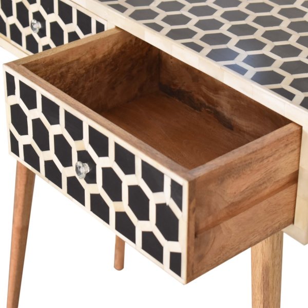 Solid Mango Wood Oak Finished 2 Drawer Honeycomb Pattern Bone Inlay Console Table - Image 6