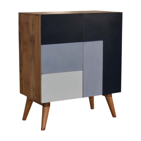 Solid Mango Wood Oak Finished 2 Door Quebec Hand Painted Blue Cabinet