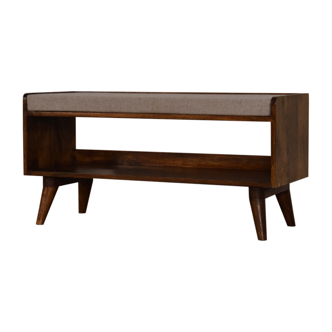 Solid Mango Wood Chestnut Finished with Brown Tweed Seat Pad Bench - Image 3