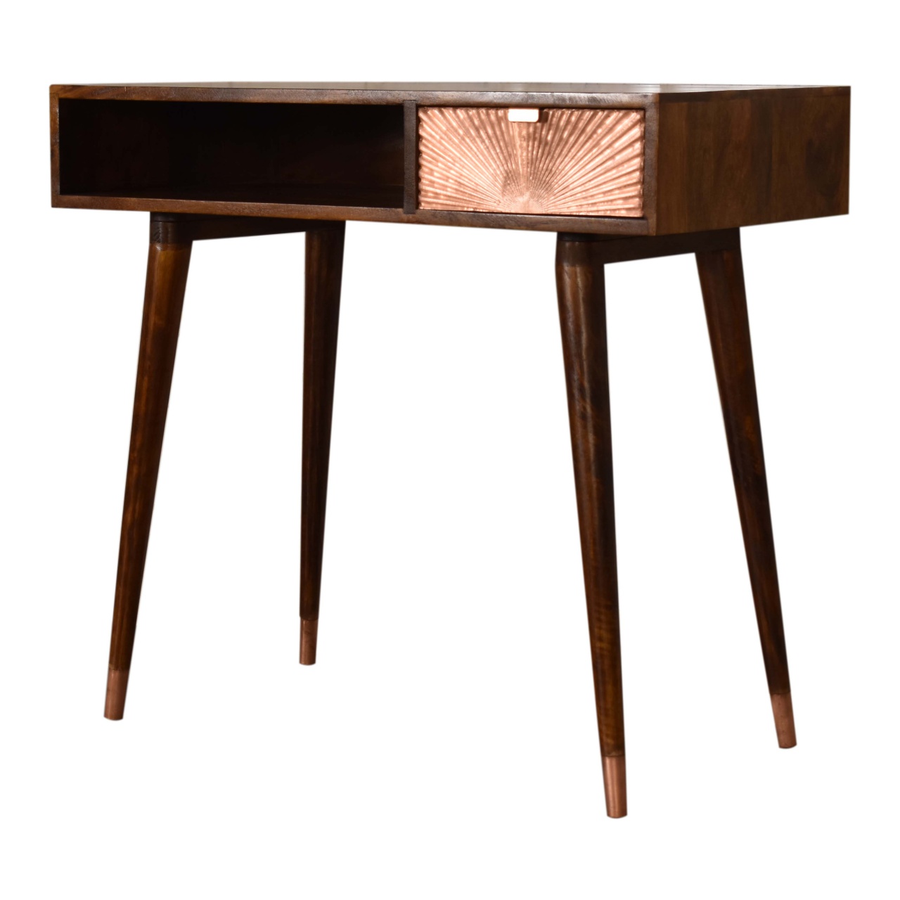 Solid Mango Wood Chestnut Finished 1 Drawer 1 Slot Manila Rose Gold Writing Desk - Image 2