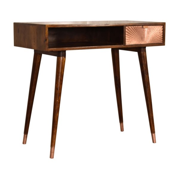 Solid Mango Wood Chestnut Finished 1 Drawer 1 Slot Manila Rose Gold Writing Desk - Image 3