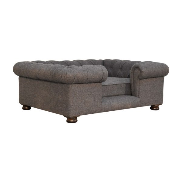Solid Mango Wood Battleship Tweed Button Pet Bed - Image 3
