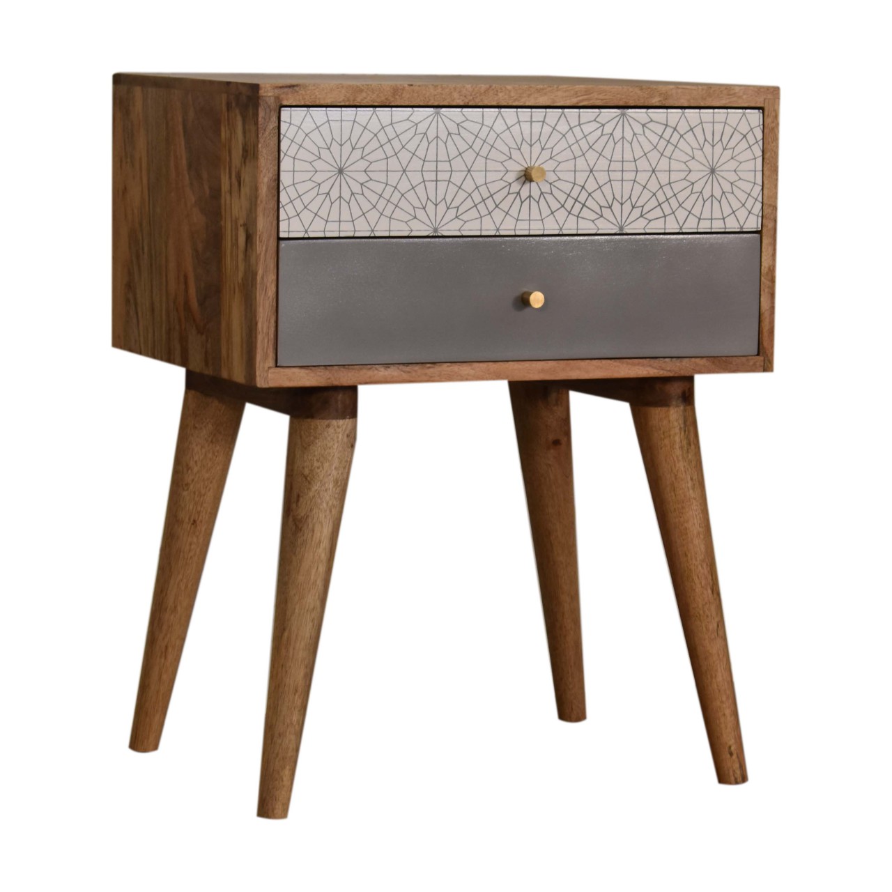 Solid Mango Wood Oak Finished with 2 Drawers Grey & Patterned Bedside - Image 2