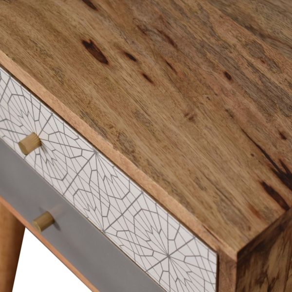 Solid Mango Wood Oak Finished with 2 Drawers Grey & Patterned Bedside - Image 3