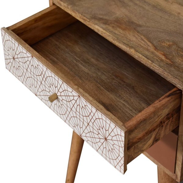 Solid Mango Wood Oak Finished 2 Drawer Hand Painted Brown & Brick Red Patterned Bedside - Image 5