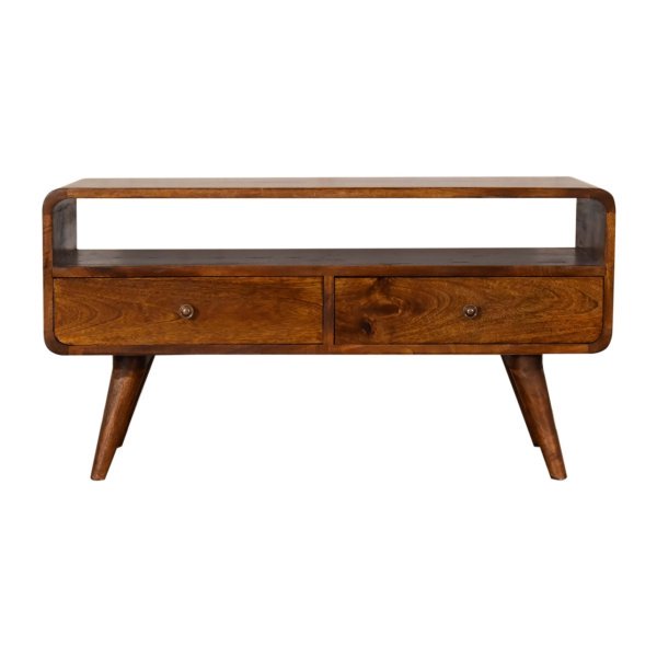 Solid Mango Wood Chestnut Finished 2 Drawer Curved Plug In Your Devices TV Unit
