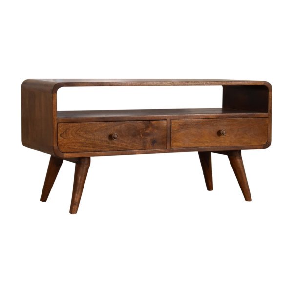 Solid Mango Wood Chestnut Finished 2 Drawer Curved Plug In Your Devices TV Unit - Image 3