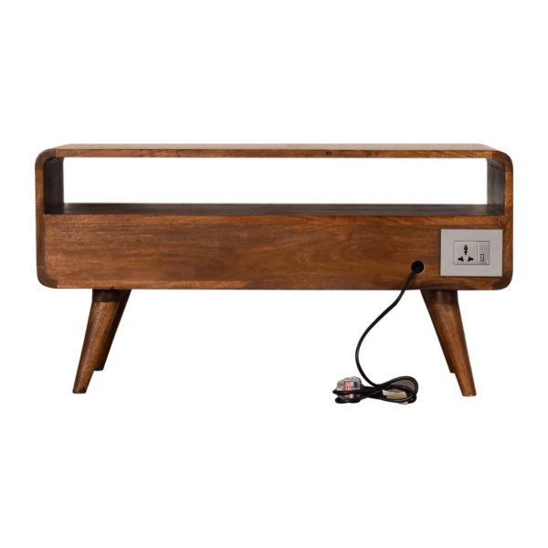 Solid Mango Wood Chestnut Finished 2 Drawer Curved Plug In Your Devices TV Unit - Image 8