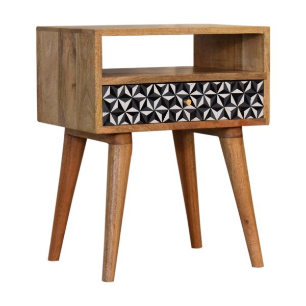 Solid Mango Wood Oak Finished 1 Drawer 1 Slot Black & White Pattern Bedside - Image 2