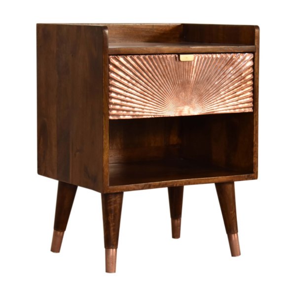Solid Mango Wood Chestnut Finished Manila Copper Front 1 Drawer Bedside - Image 2