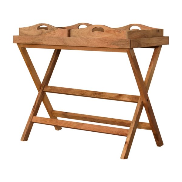 Solid Mango Wood Oak Finished 2 Tray Prima Butler Tray Table - Image 2