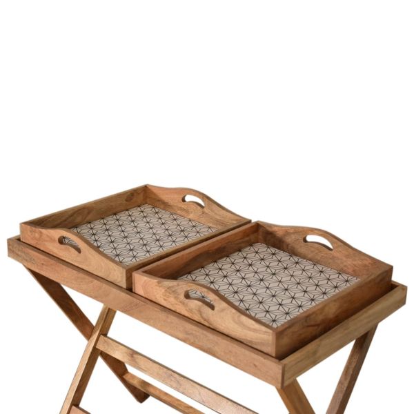 Solid Mango Wood Oak Finished 2 Tray Prima Butler Tray Table - Image 6