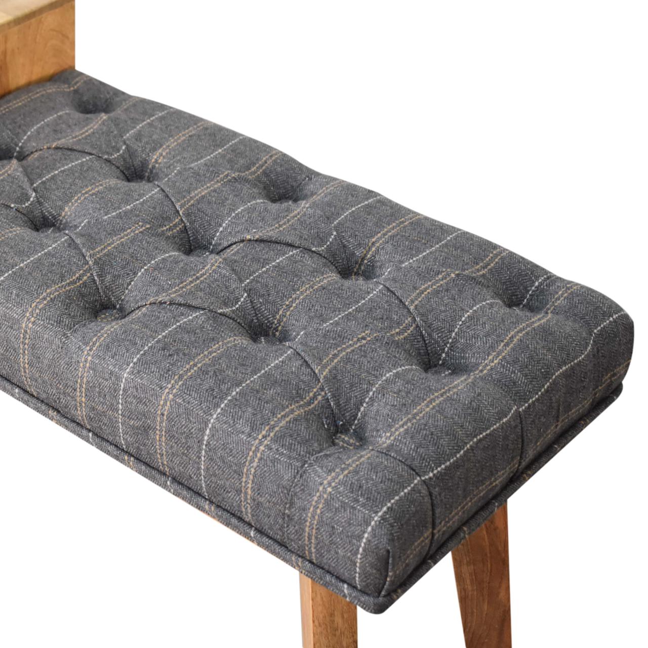 Solid Mango Wood Oak Finished Pewter Tweed Upholstered 1 Drawer Bench - Image 5
