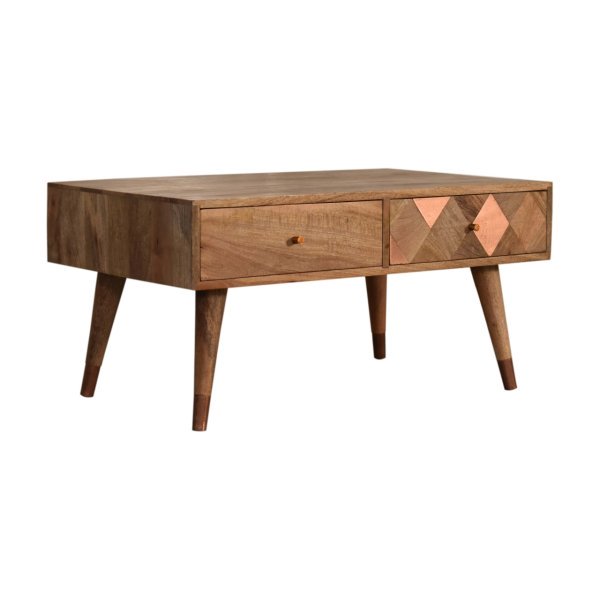 Solid Mango Wood Oak Finished 2 Drawer Copper Inlay Coffee Table - Image 2