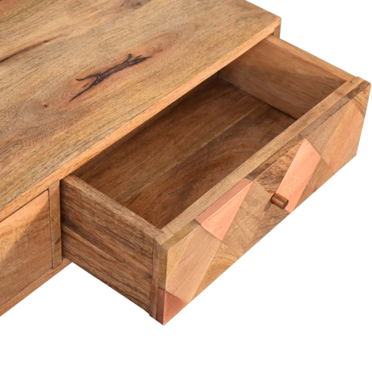 Solid Mango Wood Oak Finished 2 Drawer Copper Inlay Coffee Table - Image 6