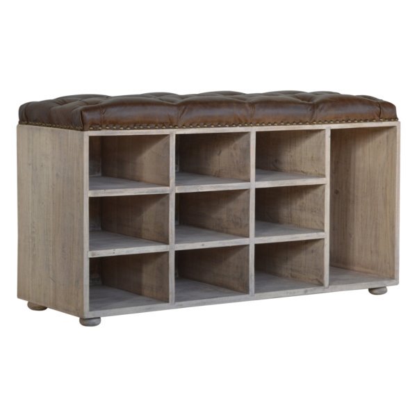 Solid Mango Wood Stone Wash Finished Leather Upholstered Shoe Storage Bench - Image 2