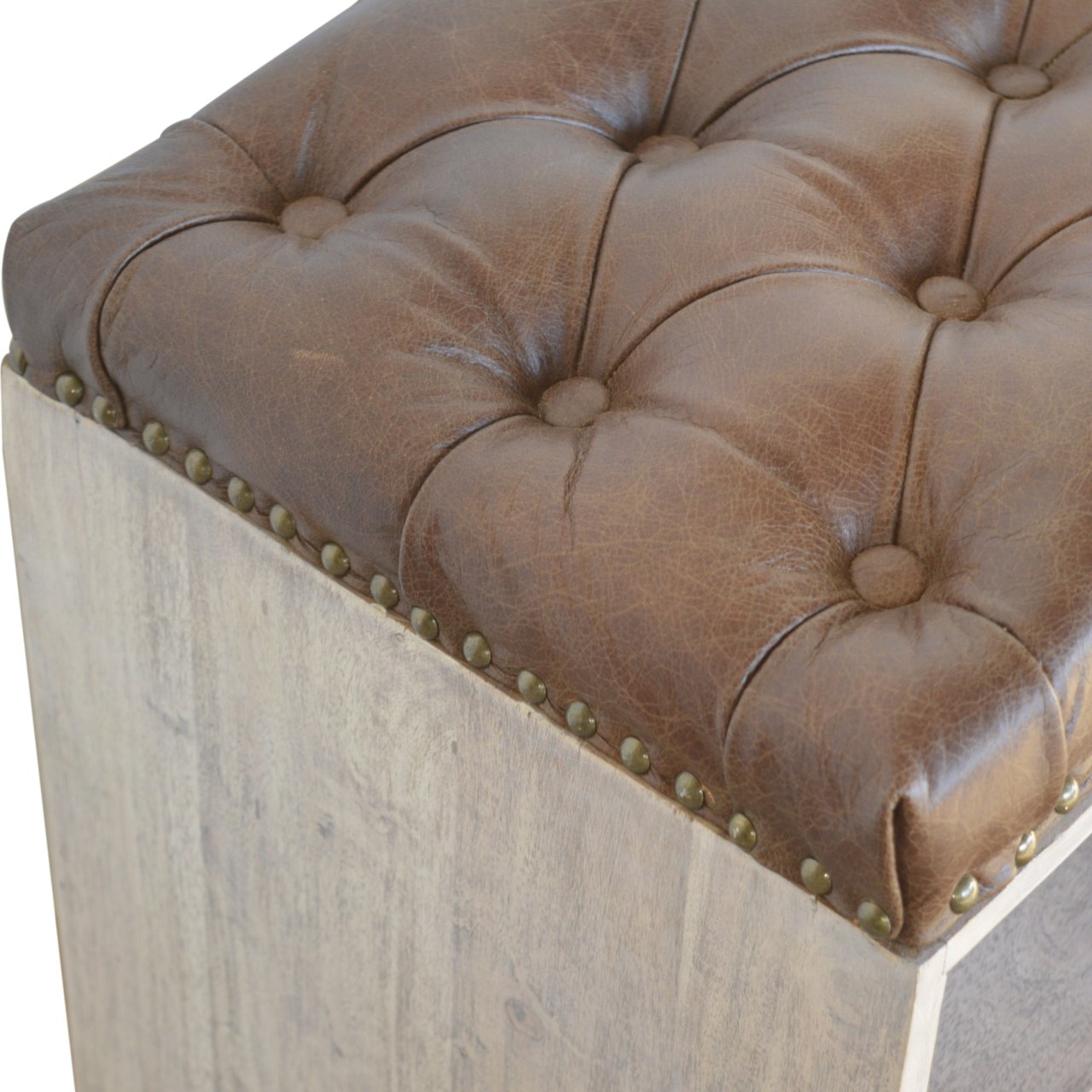 Solid Mango Wood Stone Wash Finished Leather Upholstered Shoe Storage Bench - Image 7
