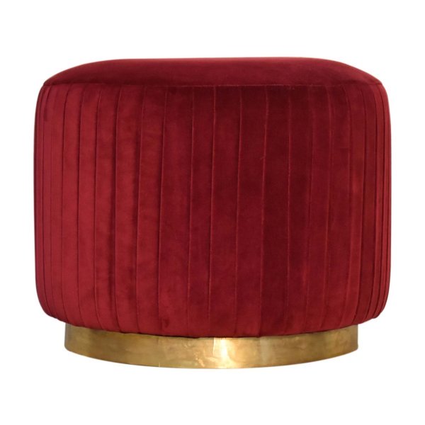 Solid Mango Wood Wine Velvet Pleated Footstool