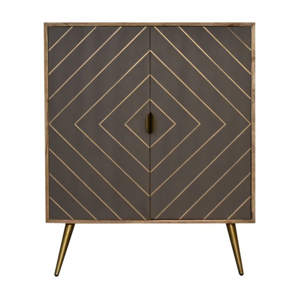 Solid Mango Wood Oak Finish 2 Cement Brass Inlay Door Cabinet