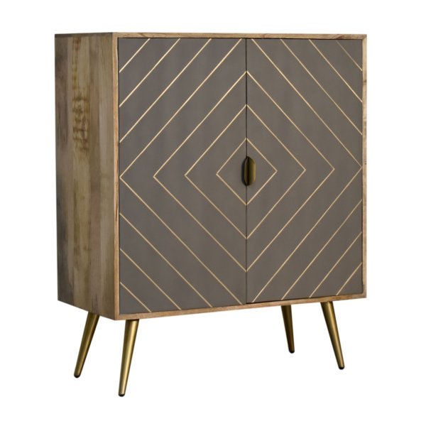 Solid Mango Wood Oak Finish 2 Cement Brass Inlay Door Cabinet - Image 2