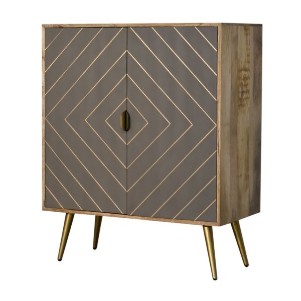 Solid Mango Wood Oak Finish 2 Cement Brass Inlay Door Cabinet - Image 3
