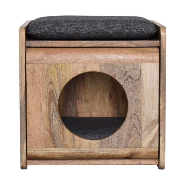 Solid Mango Wood Oak Finished Round Cut-out Pet Bed with Black Tweed Seat Pad