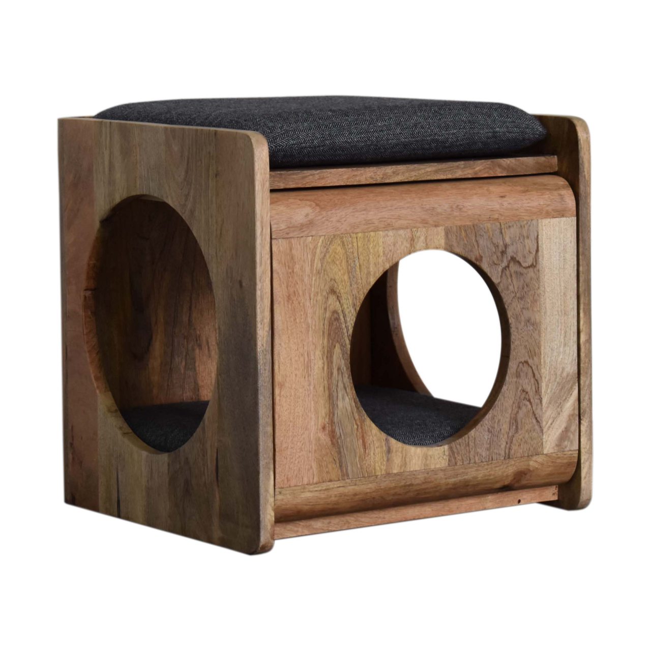 Solid Mango Wood Oak Finished Round Cut-out Pet Bed with Black Tweed Seat Pad - Image 2