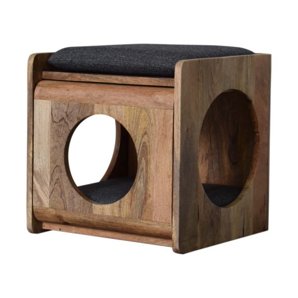 Solid Mango Wood Oak Finished Round Cut-out Pet Bed with Black Tweed Seat Pad - Image 3