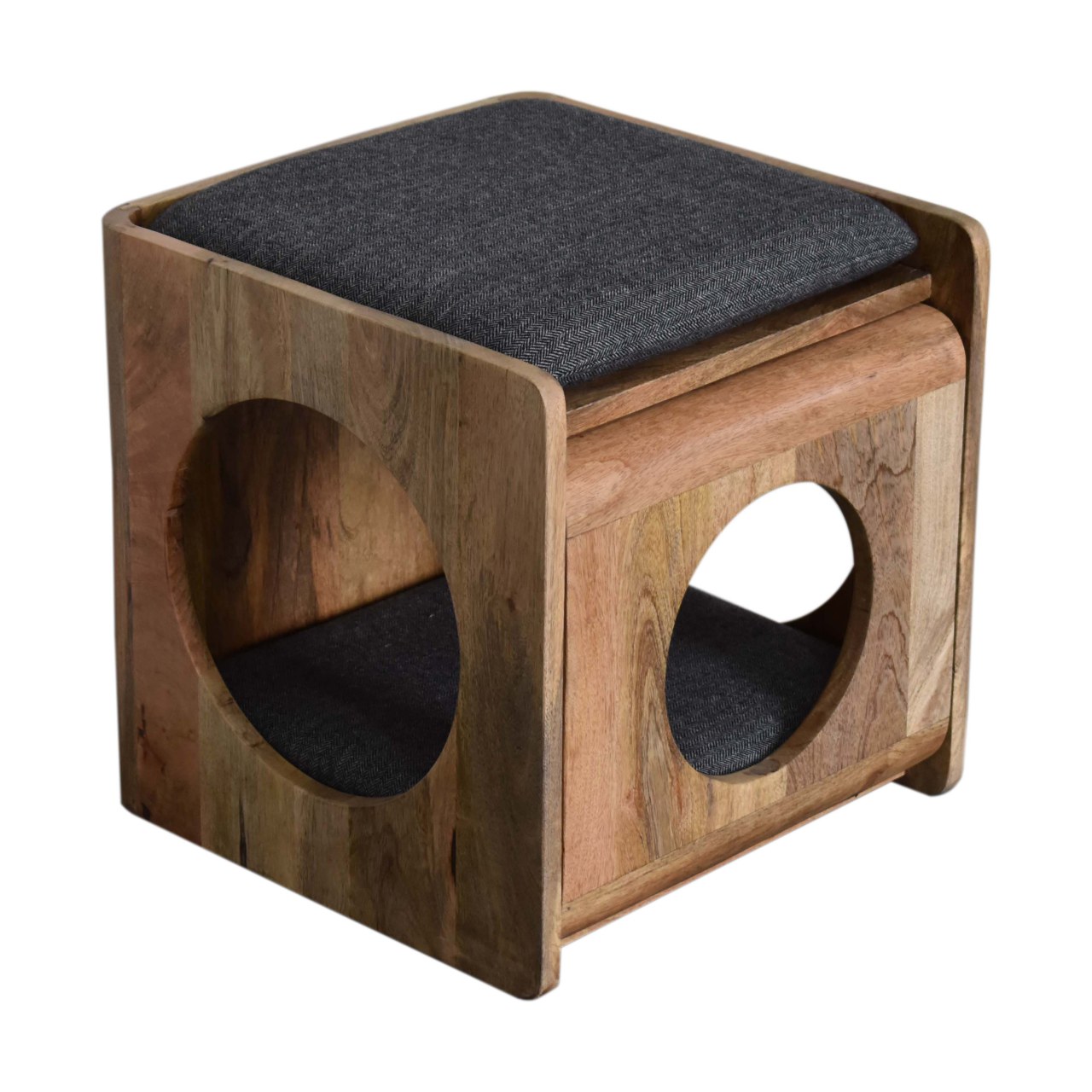 Solid Mango Wood Oak Finished Round Cut-out Pet Bed with Black Tweed Seat Pad - Image 4