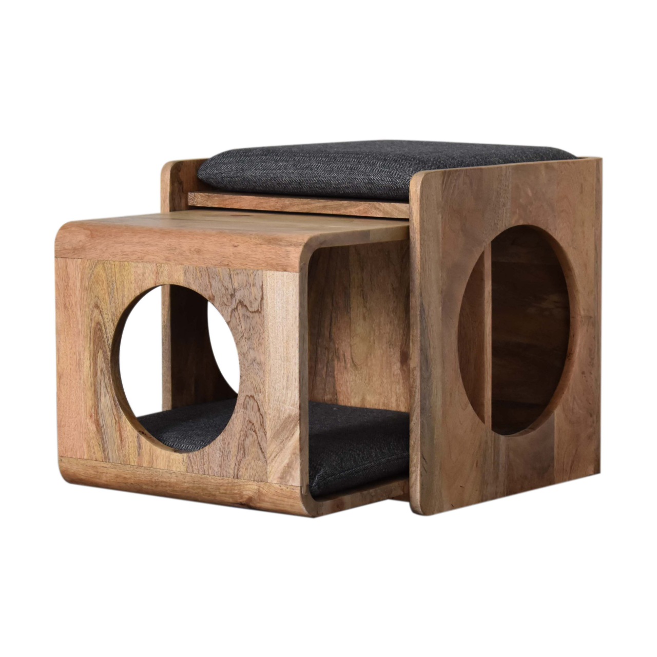 Solid Mango Wood Oak Finished Round Cut-out Pet Bed with Black Tweed Seat Pad - Image 5