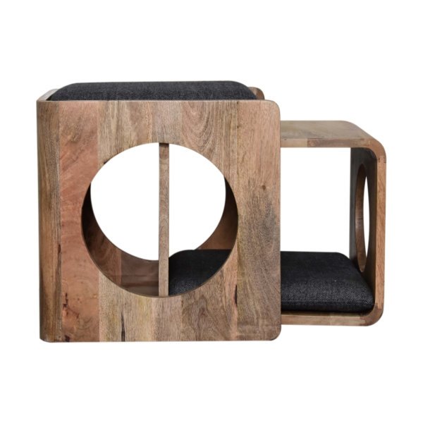 Solid Mango Wood Oak Finished Round Cut-out Pet Bed with Black Tweed Seat Pad - Image 6