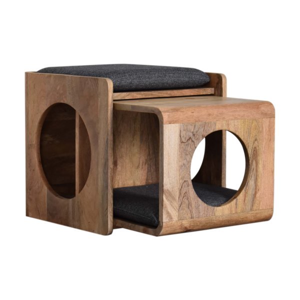 Solid Mango Wood Oak Finished Round Cut-out Pet Bed with Black Tweed Seat Pad - Image 9