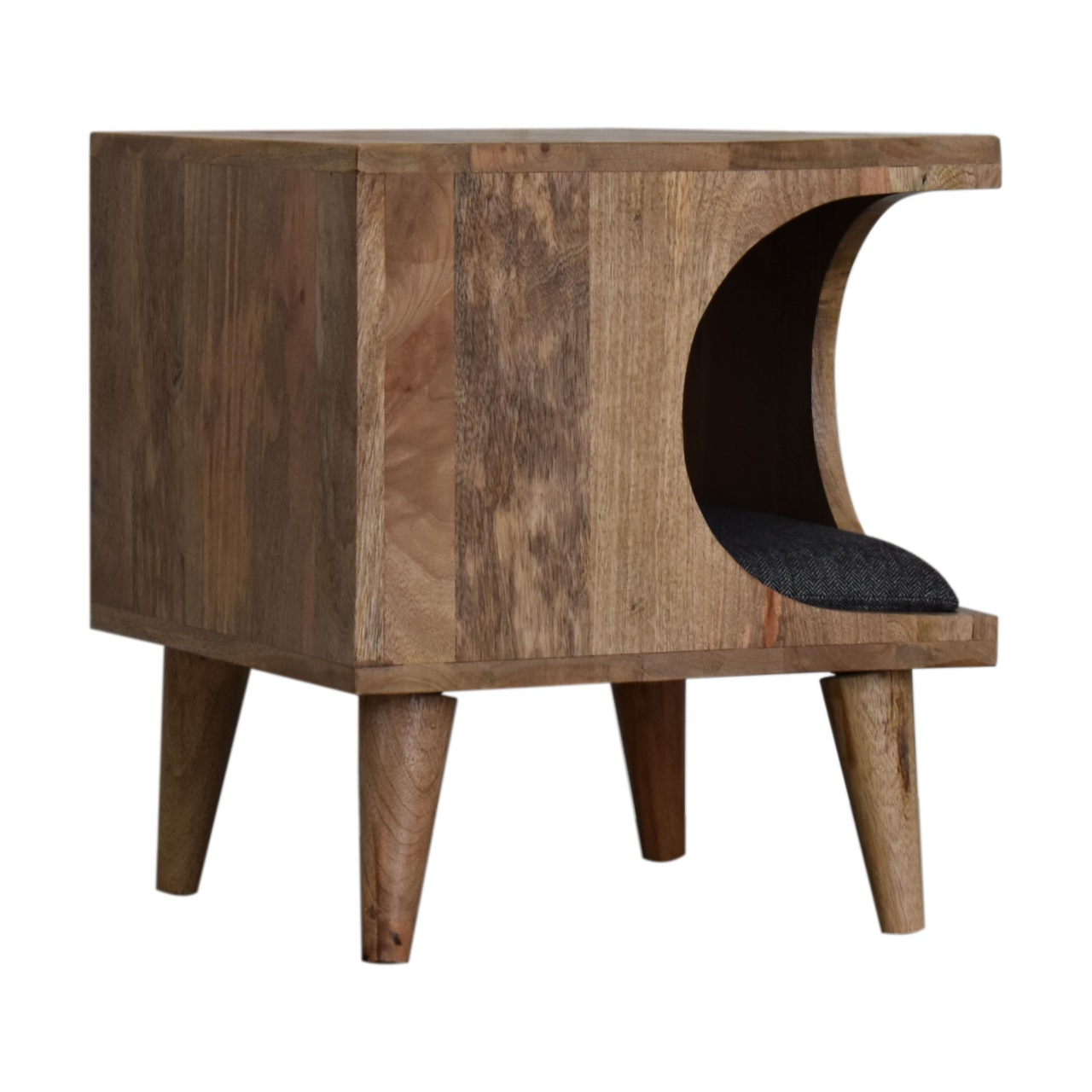 Solid Mango Wood Oak Finished Tweed Upholstered Nordic Cut-out Pet Bed - Image 2