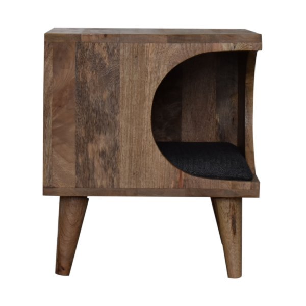 Solid Mango Wood Oak Finished Tweed Upholstered Nordic Cut-out Pet Bed - Image 3