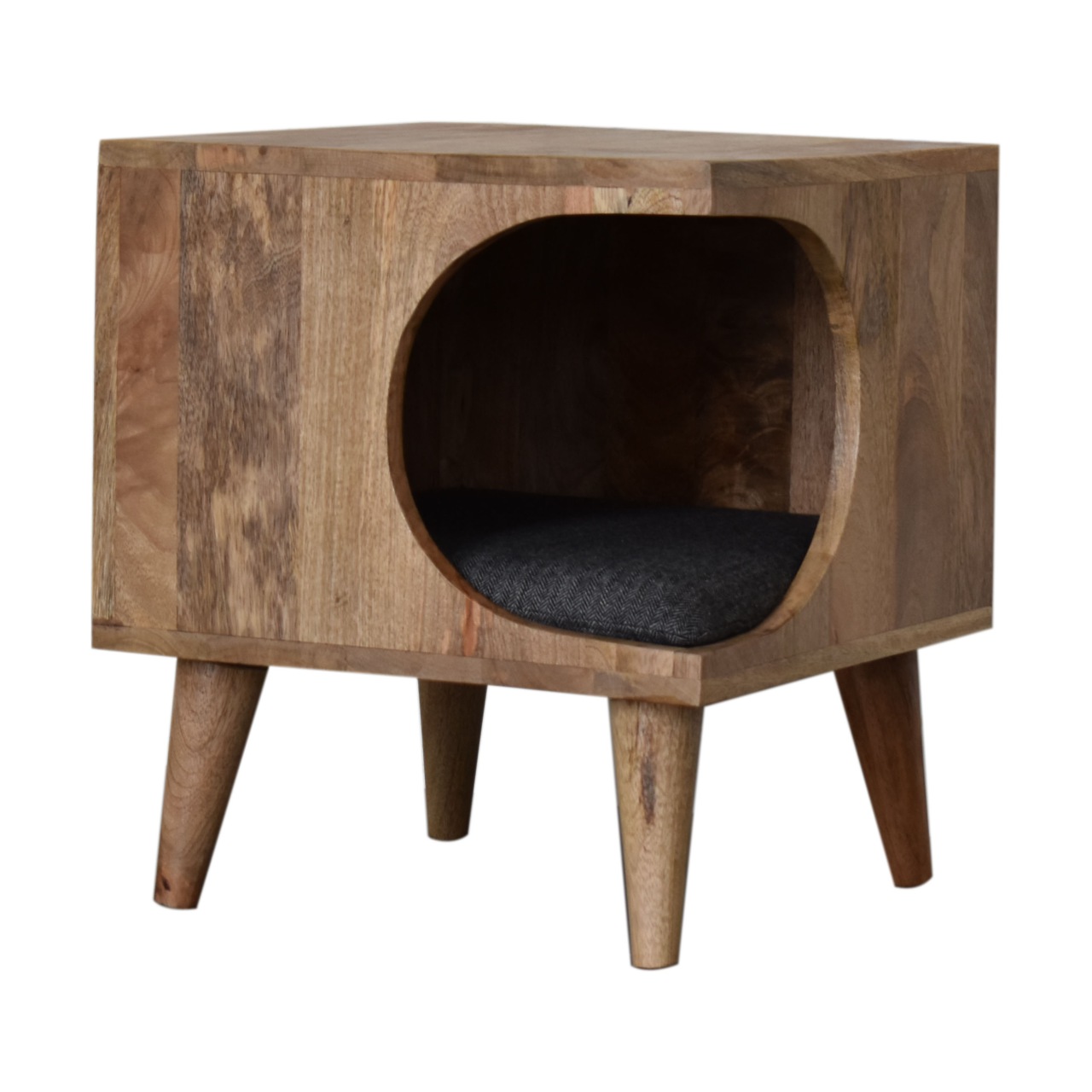 Solid Mango Wood Oak Finished Tweed Upholstered Nordic Cut-out Pet Bed - Image 4