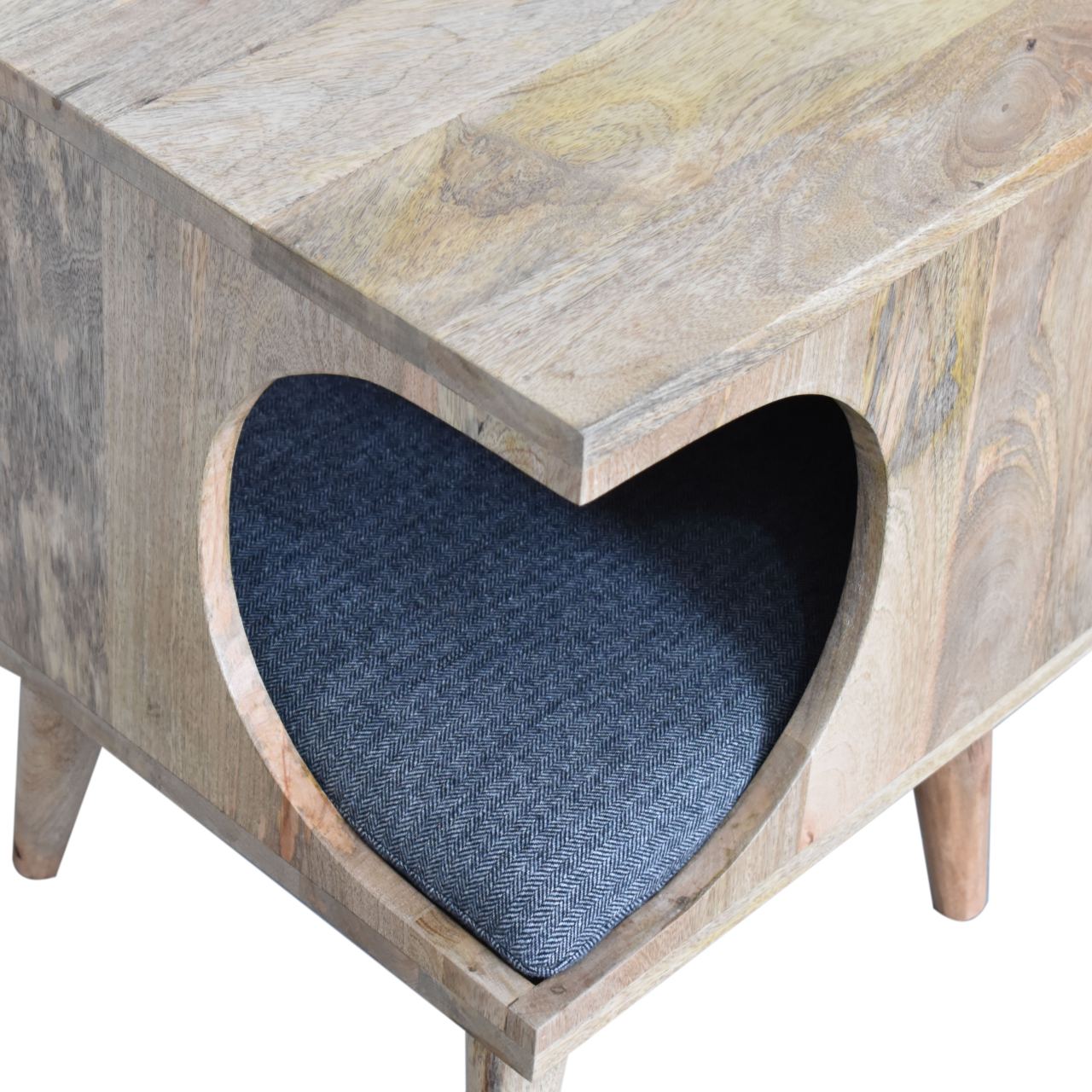Solid Mango Wood Oak Finished Tweed Upholstered Nordic Cut-out Pet Bed - Image 7