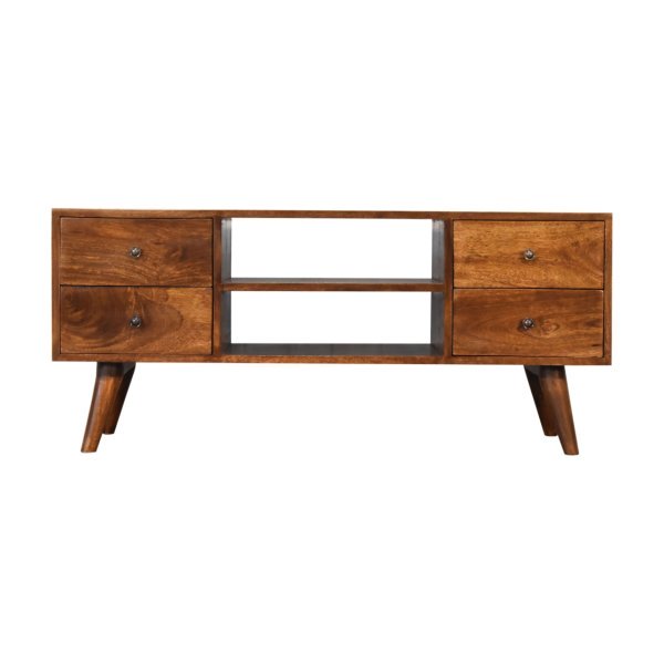 Solid Mango Wood Chestnut Finished 4 Drawer Scandinavian Style Media Unit