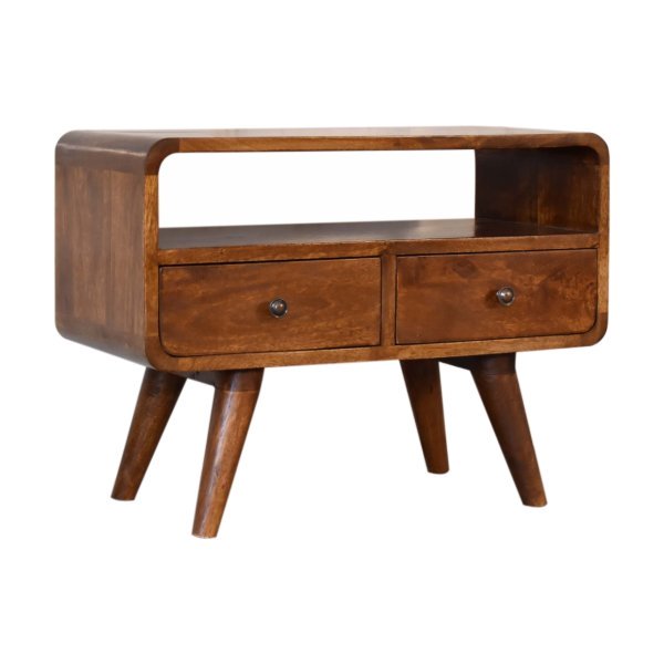 Solid Mango Wood Mini Chestnut Curved Media Unit with 2 Drawers - Image 2
