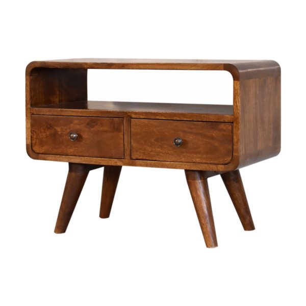 Solid Mango Wood Mini Chestnut Curved Media Unit with 2 Drawers - Image 3