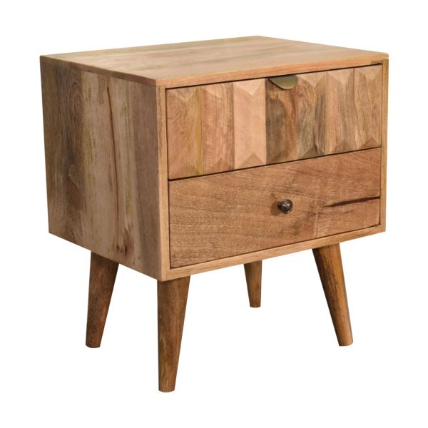 Solid Mango Wood Oak Finished Prism Carved 2 Drawer Bedside - Image 3
