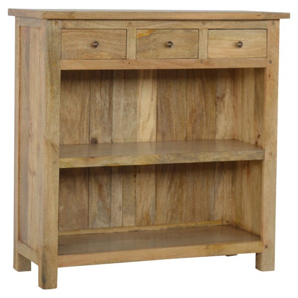 Solid Mango Wood Oak Finished 3 Drawer 2 Shelf Country Style Low Bookcase - Image 2
