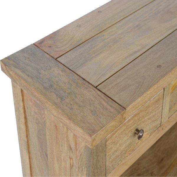 Solid Mango Wood Oak Finished 3 Drawer 2 Shelf Country Style Low Bookcase - Image 4