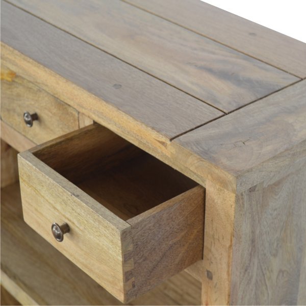 Solid Mango Wood Oak Finished 3 Drawer 2 Shelf Country Style Low Bookcase - Image 9