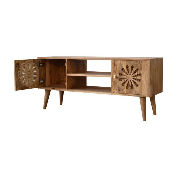 Solid Mango Wood Oak and Rattan Finished Rosalie 2 Door with Shelves Media Unit - Image 7