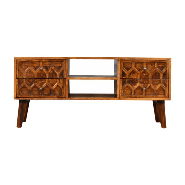 Solid Mango Wood Chestnut Finished 4 Drawer Amouri Media Unit