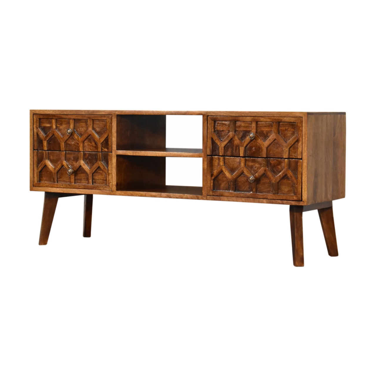 Solid Mango Wood Chestnut Finished 4 Drawer Amouri Media Unit - Image 3